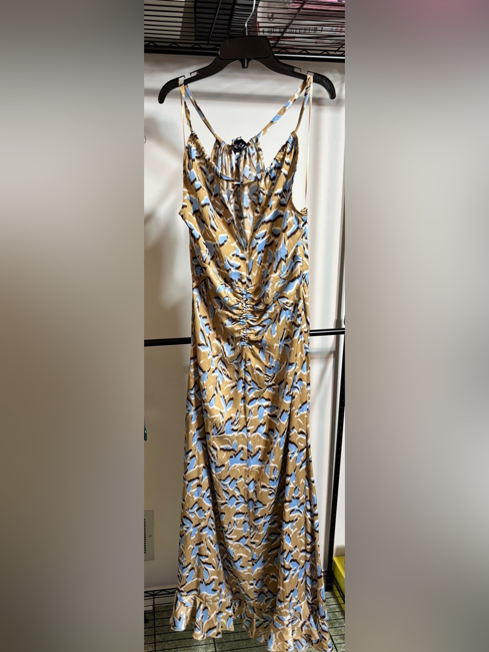 Blue and Tan Abstract Print Maxi Dress